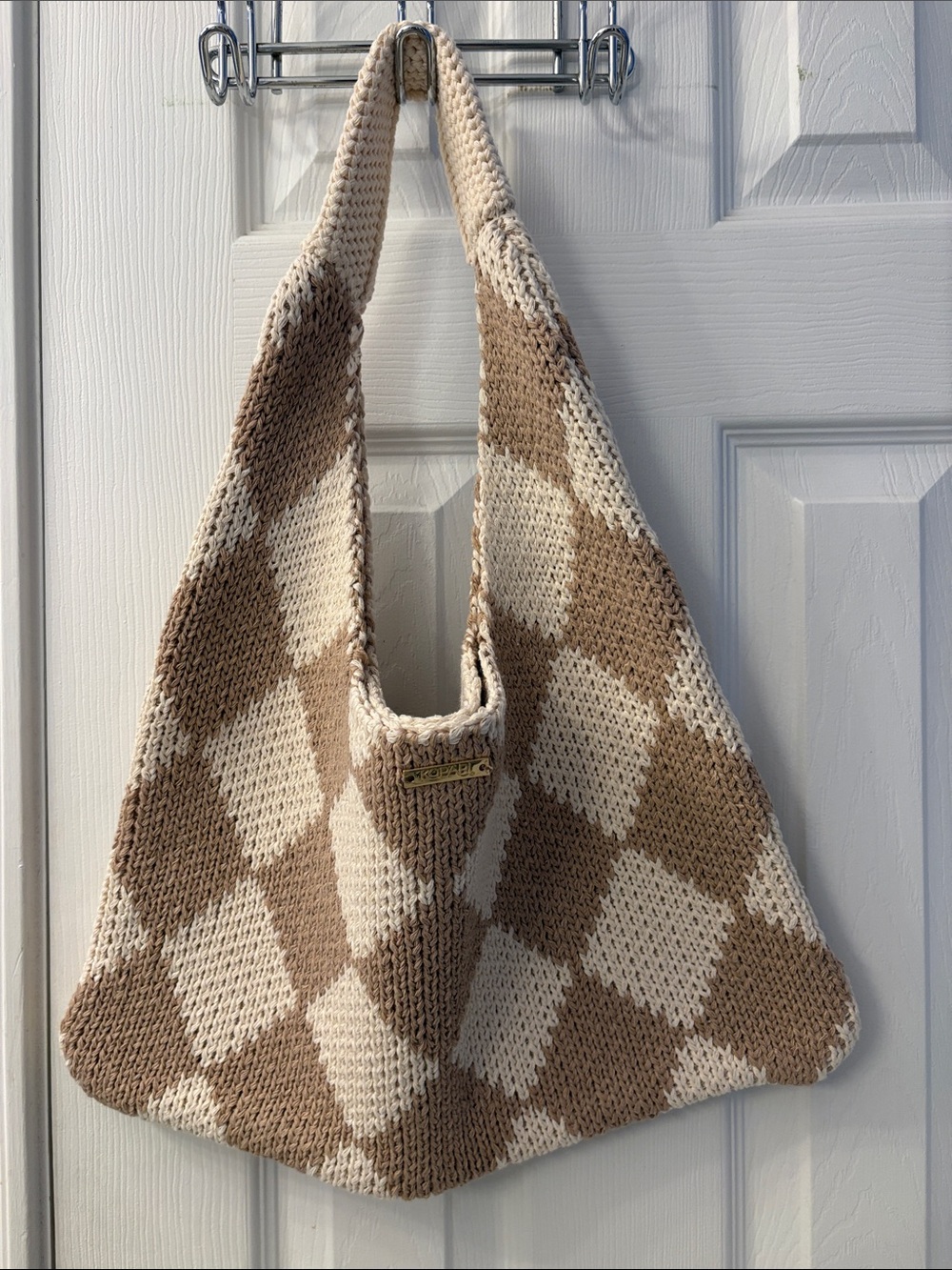 Kopari Woven Checker Knit Tote Bag in Cream and Tan